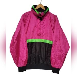 Vintage 1990s Women's Colorblock, Windbreaker Neon Pink Black Size Large.